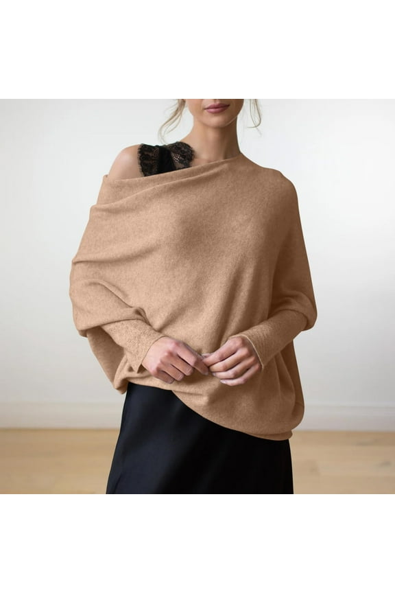 Clothing 2025 Delayuji Womens Pullover Sweaters Fall Sweaters for Asymmetric Draped Jumper Long Batwing Sleeve Off The Shoulder Slouchy Knit Pullover Pullover Sweaters for Women Brown M
