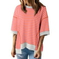 thumbnail image 1 of Clearance! Delayuji Womens Short Sleeve Tops Casual Round Neck Short Sleeved Striped Color Blocked Hem Off Shoulder Fashionable Pullover T Shirt L Red, 1 of 5