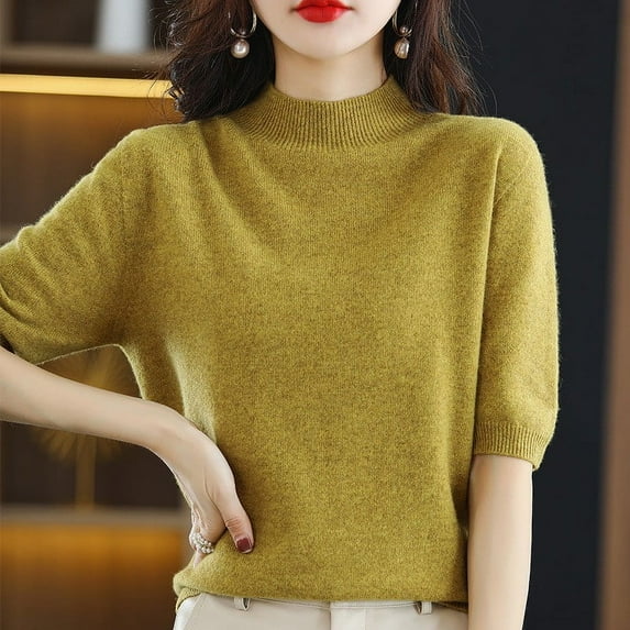 Delayuji Womens Short Sleeve Tops Short Sleeve Tops for Women Women Base Sweater Solid Crewneck Knitwear Short Sleeve Pullover Slim Knitted Bottoming L Yellow