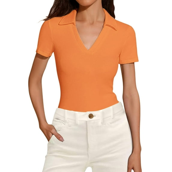 Delayuji Women's Short Sleeved Business Casual Top V Neck Work Shirt Top Orange Xl Polyester,Spandex Short Sleeve Shirts for Women