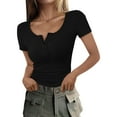 thumbnail image 1 of Clearance! Delayuji Womens Short Sleeve Tops Summer Short Sleeve Tops Ribbed Knit Button Up Slim Fit Basic Casual T Shirts Blouse L Black, 1 of 4