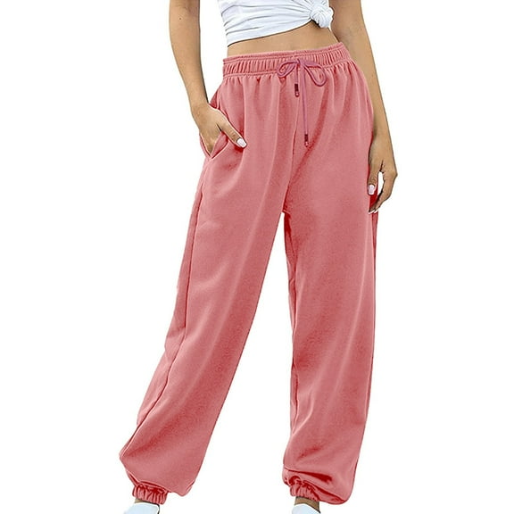 Clearance! Delayuji Womens Sweatpants Bottom Sweatpants Joggers Pants Workout High Waisted Yoga Pants with Pockets Fleece Lined Pants Women Pink Xxl