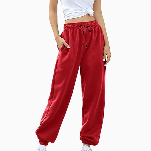 Delayuji Womens Sweatpants Bottom Sweatpants Joggers Pants Workout High Waisted Yoga Pants with Pockets Fleece Lined Pants Women Red S