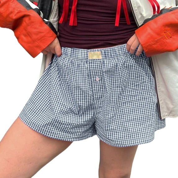 Clearance! Delayuji Womens Sweatpants Shorts Cute Soft Elastic Low Waist Plaid Print Button Front Pajama Bottoms Boxer Shorts Sleepwear Fleece Lined Pants Women Blue M