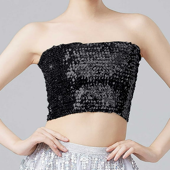 Delayuji Womens Tees and Tanks Fashion Mardi Holiday Womens Sparkling Sequins Stretch Clubwear Tube Top Slim-Fit Camisole Black One Size
