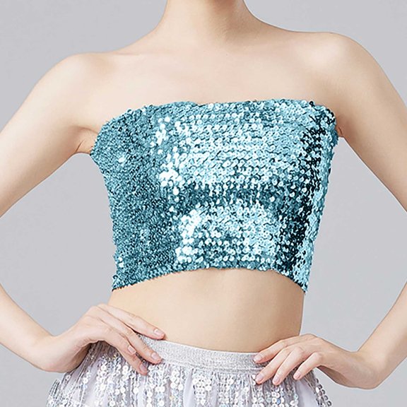 Delayuji Womens Tees and Tanks Fashion Mardi Holiday Womens Sparkling Sequins Stretch Clubwear Tube Top Slim-Fit Camisole Blue One Size