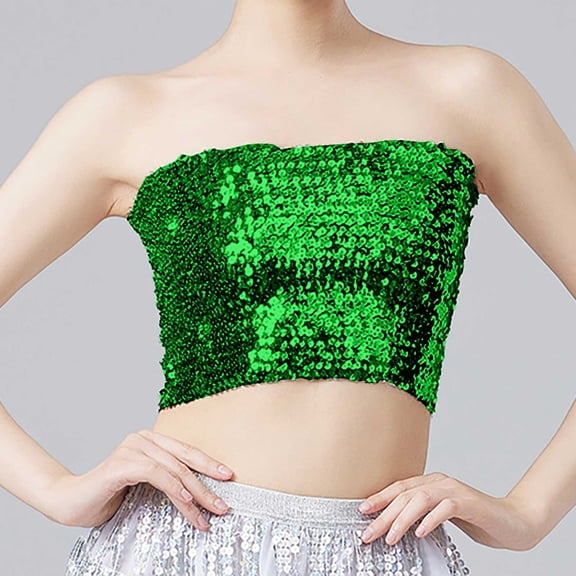 Delayuji Womens Tees and Tanks Fashion Mardi Holiday Womens Sparkling Sequins Stretch Clubwear Tube Top Slim-Fit Camisole Green One Size