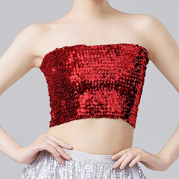 Delayuji Womens Tees and Tanks Fashion Mardi Holiday Womens Sparkling Sequins Stretch Clubwear Tube Top Slim-Fit Camisole Red One Size