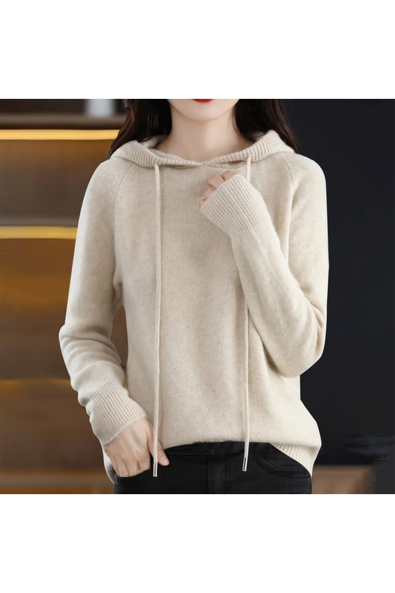 Clearance! Delayuji Women Thermal Top Autumn Winter Solid Color Hooded Sweater with Drawstring Loose Casual Warm Knit Pullover Sweater Womens Thermal Tops Long Sleeve Beige Xxl
