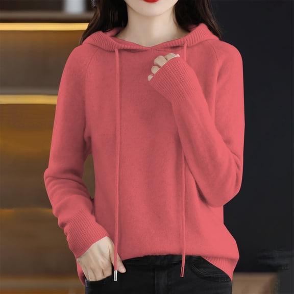 Delayuji Womens Thermal Tops Autumn Winter Solid Color Hooded Sweater with Drawstring Loose Casual Warm Knit Pullover Sweater Womens Thermal Tops Long Sleeve Pink S