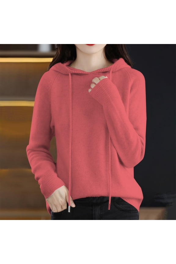 Womens Thermal Tops Autumn Winter Solid Color Hooded Sweater with Drawstring Loose Casual Warm Knit Pullover Sweater Womens Thermal Tops Long Sleeve Pink S