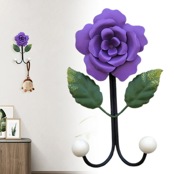 Clearance! Denhf 1Pc Vintage Flower-shaped Resin Wall Hooks, Wall Mounted Art Flower Iron Hook, Creative Decorative Wall Hooks for Hanging Keys, Towels, Hats, and Clothes, Double Hook, Purple