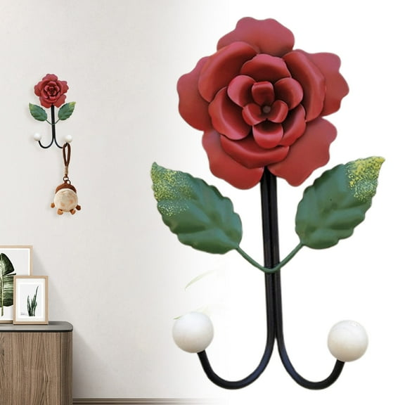 Clearance! Denhf 1Pc Vintage Flower-shaped Resin Wall Hooks, Wall Mounted Art Flower Iron Hook, Creative Decorative Wall Hooks for Hanging Keys, Towels, Hats, and Clothes, Double Hook, Red