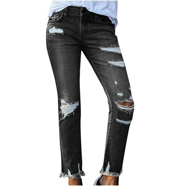 Clearance Denim Fashion Women Pockets Button Mid Waist Skinny Ripped Jeans  Trousers Hole Pants Black S 