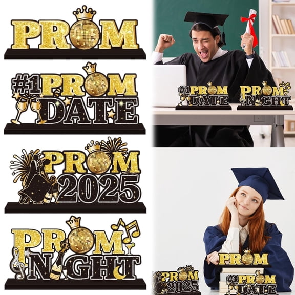 Clearance Desktop Ornament under $10,4Pcs Black And Gold Prom Night Decorations Wooden Table Centerpieces Grad Table Toppers Congratulate Tiered Tray Decor For 2025 Graduation Prom Decorations