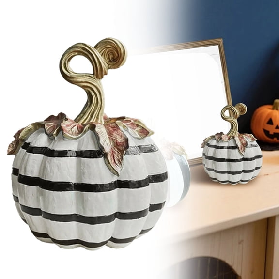 Clearance Desktop Ornament under $15,Decorative Pumpkin Statue Sculpture Resin Black & White Plaid Pumpkin Figurine Autumn Home Decor Stylish Halloween Centerpiece For Home