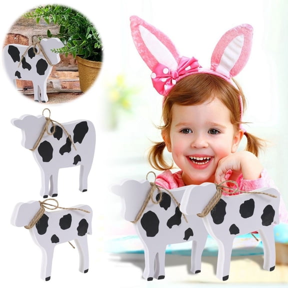Clearance Desktop Ornament under $5,2 Pcs Farmhouse Cows Tiered Tray Decor Wooden Cow Tabletop Rustic Block Centerpiece Cow Table Sign Standing Ornament For Home Kitchen Holiday Party Decor