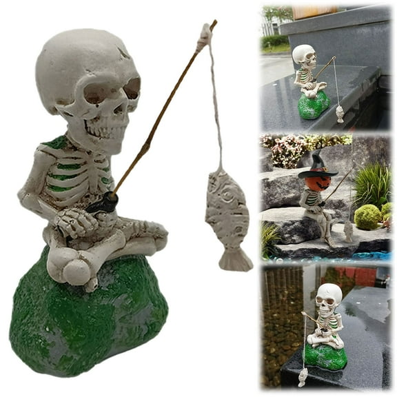 Clearance Desktop Ornament under $5,Fishing Statue Skeleton Figurine Resin Halloween Ornaments For Outdoor,Gothic Style Decorative Fishing Skeleton Sculpture