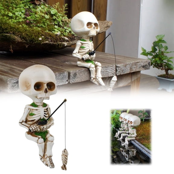 Clearance Desktop Ornament under $5,Halloween Fishing Skeleton Garden Accessory Skeleton Figurines Statue Decor For Fishing Enthusiast Pond Gothic Home Desk Holid