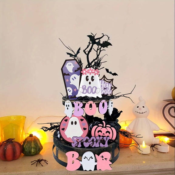 Clearance Desktop Ornament under $10,14PCS Halloween Toppers House Tree Bat Sign Toppers Pumpkin Decorations Set For Halloween Theme