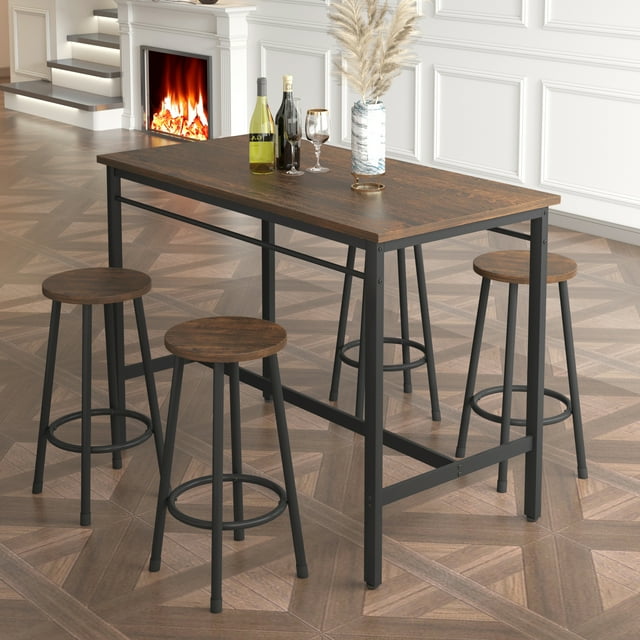 Clearance! Dining Table Set for 4 People, 5 Piece Bar Table Set, Vintage Rectangular Counter Height Bar Table with 4 Chairs, Breakfast Bistro Set, Dining Stool Bar Chairs with Black Metal Legs, B962