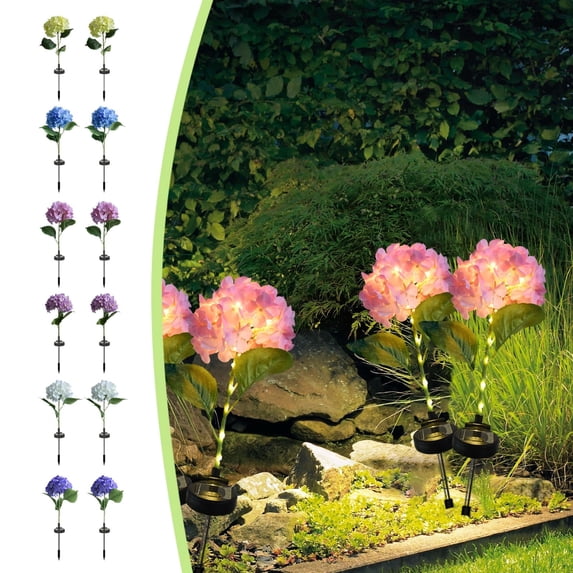 Djunllk Solar Lights Outdoor 2 Pack, Solar Flowers Lights Outdoor Garden Waterproof Hydrangea Auto On/Off Lighting Beautiful Patio Decor Gifts for Women