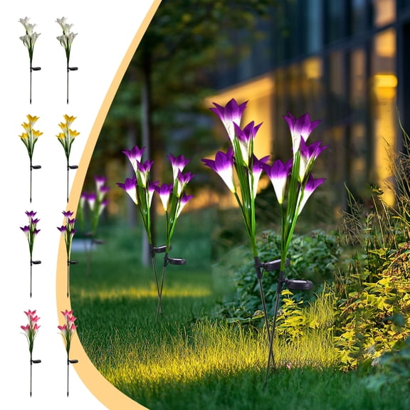 Djunllk 2 Pcs Solar Lights Outdoor - Beautiful Lifelike Lilies Artificial Flowers, Auto On/Off Waterproof Versatile Reusable Night Light for Outside, Mother's Day Gifts