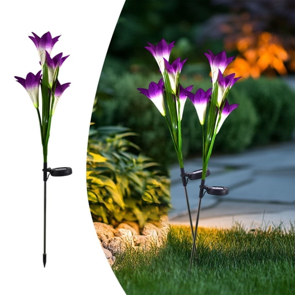 Djunllk 2 Pcs Solar Lights Outdoor - Beautiful Lifelike Lilies Artificial Flowers, Auto On/Off Waterproof Versatile Reusable Night Light for Outside, Mother's Day Gifts