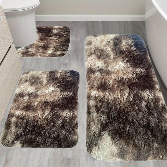 Djunllk Bathroom Rugs Sets 3 Plece - Long Velvet Bathroom Mat, Tie-Dyed Process Bath Rugs, Thick Soft Water Absorption Machine Washable Non-Slip Backing Bath Mat, Brown