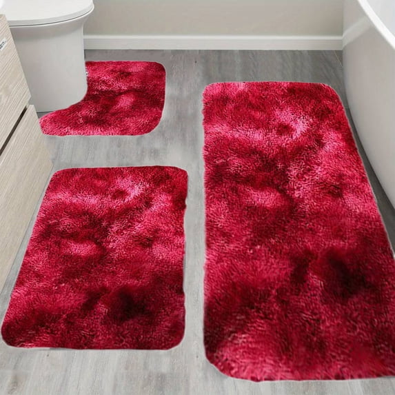 Djunllk Bathroom Rugs Sets 3 Plece - Long Velvet Bathroom Mat, Tie-Dyed Process Bath Rugs, Thick Soft Water Absorption Machine Washable Non-Slip Backing Bath Mat, Red