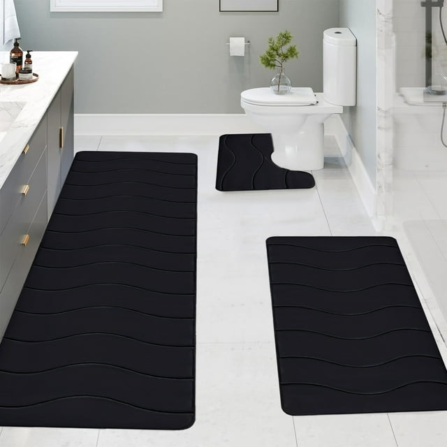 Djunllk Large Bathroom Rugs Sets 3 Piece - Memory Foam Super Soft Bathroom Mat, Thick Wave Style Bath Rugs Water Absorption Machine Washable Non-Slip Bath Mats, Black