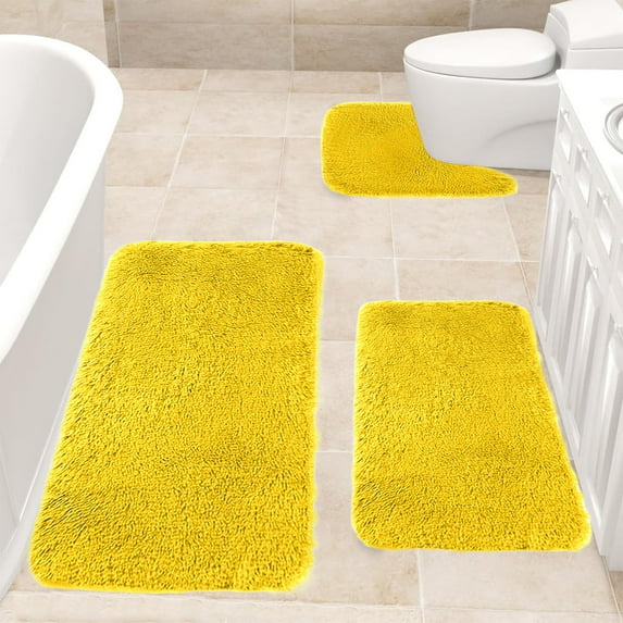 Djunllk Bathroom Rugs Sets 3 Piece - Microfiber Thick Plushes Bathroom Mat, Water Absorption Fast Drying Non-Slip Bath Mat Machine Washable Bath Rugs, Yellow