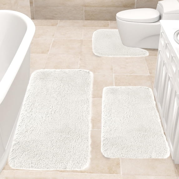 Djunllk Bathroom Rugs Sets 3 Piece - Microfiber Thick Plushes Bathroom Mat, Water Absorption Fast Drying Non-Slip Bath Mat Machine Washable Bath Rugs, White
