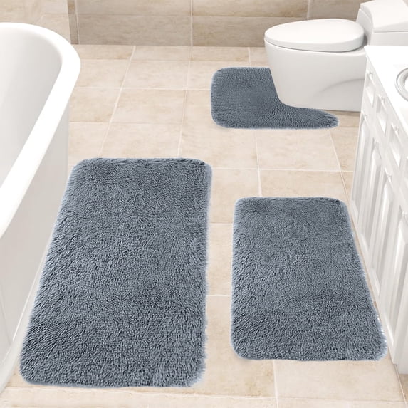 Djunllk Bathroom Rugs Sets 3 Piece - Microfiber Thick Plushes Bathroom Mat, Water Absorption Fast Drying Non-Slip Bath Mat Machine Washable Bath Rugs, Drak Gray