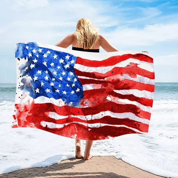 4Th of July Djunllk Beach Towel - Independence Day Patriotic Flag Print Microfiber Beach Blanket, Water Absorbing Sandproof Lightweight Portable Beach Vacation Essentials, 27.5" x 55.1"