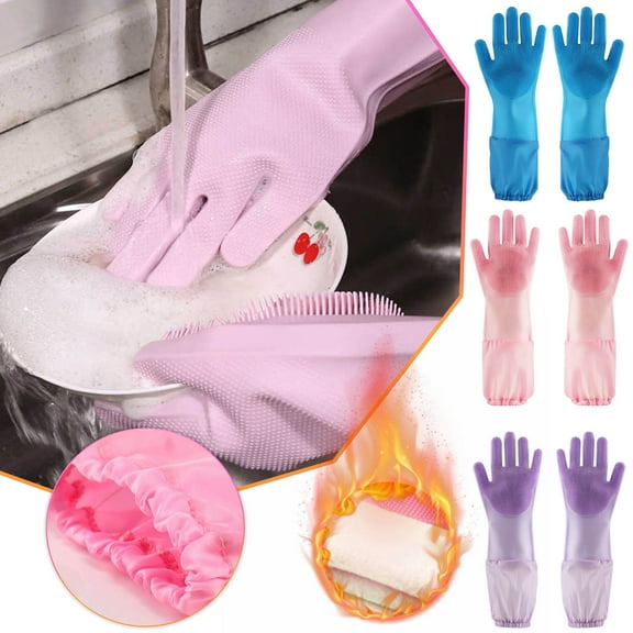 Djunllk Cleaning Gloves - Extra Long Padded Cuffs Reusable Kitchen Gloves with Elastic Drawstring, Flexible Non-Slip Dishwashing Gloves for Kitchen & Bathroom Cleaning