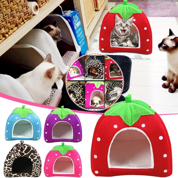 Djunllk Dog Bed - Cute Strawberry Style Cat House, Foldable Pet Tent for Samll Pet, Washable Winter Indoor Sleeping Dog House, Dog Bed for Garage Porch Barn Corridor, Red