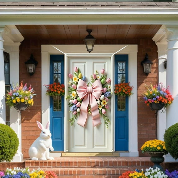 Djunllk Easter Door Curtain - Pink Bows & Flowers Spring Easter Decor, Door Covers Decoration with Hanging Rope Curtains for Door, Easter Decoration