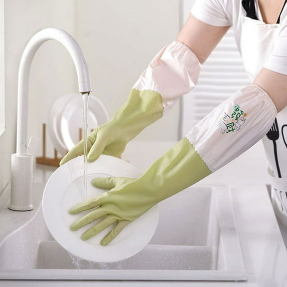 Djunllk Waterproof Rubber Gloves - Non-Slip Household Dishwashing Gloves, Reusable Long Sleeves Cleaning Gloves Drip-Catch Cuff Kitchen Gloves
