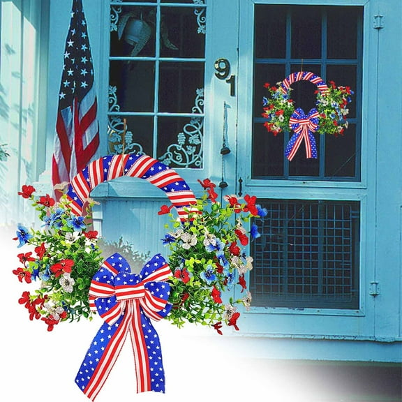 Dmlowu 4th of July Decorations Wreath 14x16" Holiday Patriotic Wreath Handcrafted Summer Wreaths for Front Door, Red White and Blue Wreath for Memorial Day Party