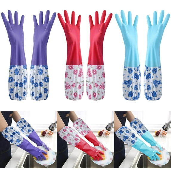 Dmlowu Gloves, Flexible Long-Lasting Non-Slip Rubber Gloves with Elastic, Food Safe Floral Sleeves Kitchen Gloves Comfortable Versatile Velvet Cooking Cleaning Gloves for Kitchen Cleaning
