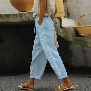 Clearance! Dndif Wide Leg Pants Woman Women High Waist Pants Drawstring Pants With Pockets Wide Leg Cropped Pants For Women Beach Pants For Women Blue S-2XL