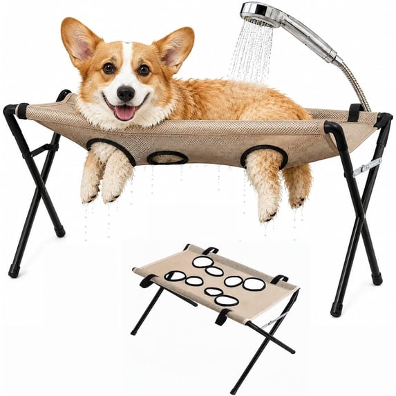 Clearance!! Dog Grooming Hammock Stand, Dog Bath Holder Sling Shower Chair (Khaki)