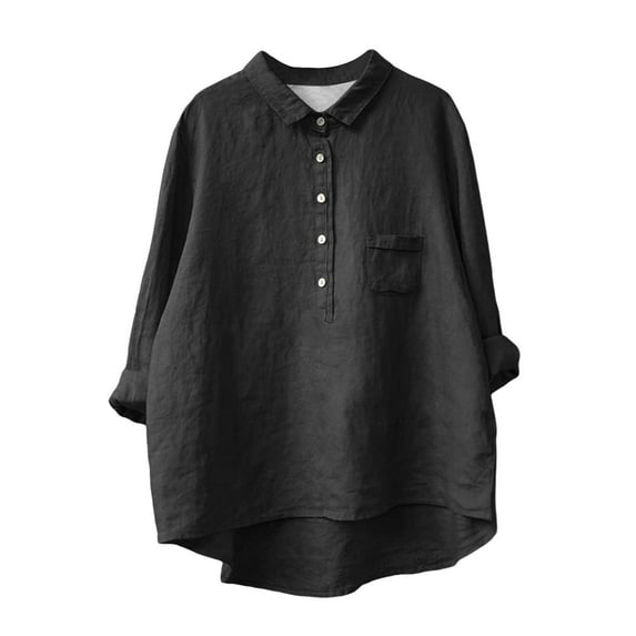 DondPO Linen Shirts for Women Women's Lapel Neck Casual Solid Colour Cotton And Linen Long Sleeve Shirt Casual Shirts for Women Womens Shirts Black M