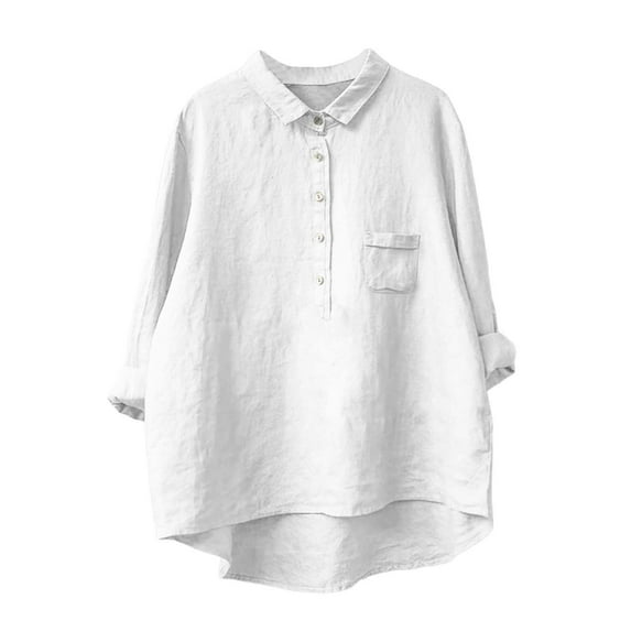 DondPO Linen Shirts for Women Women's Lapel Neck Casual Solid Colour Cotton And Linen Long Sleeve Shirt Casual Shirts for Women Womens Shirts White XL