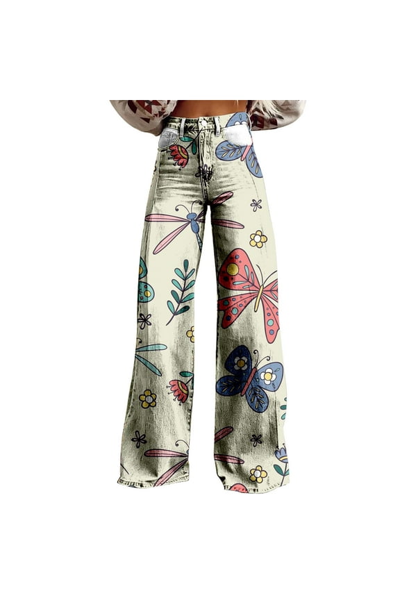 Patterned Jeans Women's Wide Leg Pant Vintage Floral Print High Waisted Straight Stretch Pants With Pockets Floral Jeans Womens Pants Casual Beige M