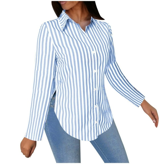 Dress Shirts for Women Trendy Long Sleeve Striped Lapel Collar Button Down Tunic Blouses with Side Split (M, Light Blue)