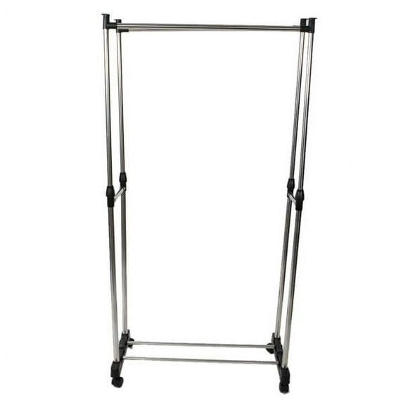Clearance! Dual-bar Vertically-stretching Stand Clothes Rack with Shoe Shelf Silver