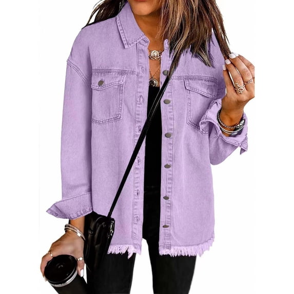 EGNMCR Denim like Jackets for Women Trendy Long Sleeve Button Down Shirt Jacket Jean Shacket with Pocket Western Work Jacket Fall Winter
