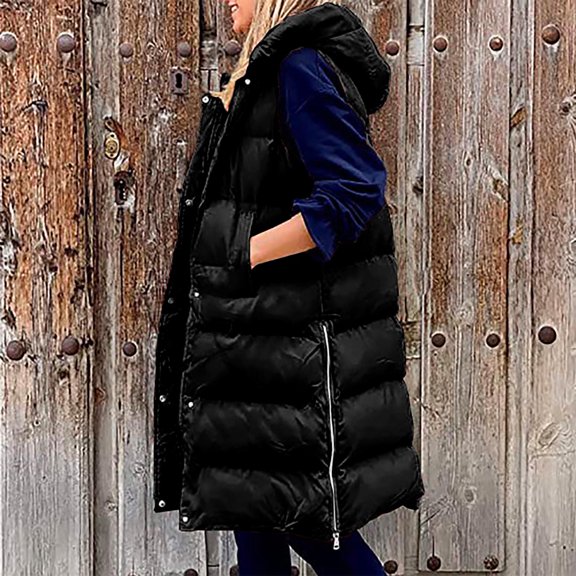 EGNMCR Women Long Puffer Vest Zipper Sleeveless Hoodies Down Vest Outdoor Vests Outerwear Winter Warm Thick Quilted Coats Fall Winter